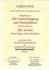 Urkunde für Innovationspreis für Silo Service